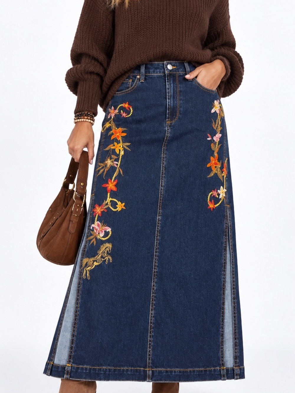 NWT Driftwood  horse 🐎 Embroidered Floral Dark Blue Denim   Skirt